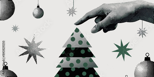 A hand reaching to touch a christmas tree ornament in a halftone style