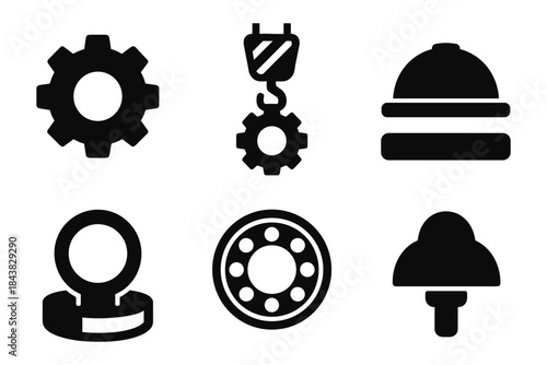 Industrial icons set: gear, machinery, and engineering symbols in bold silhouette style