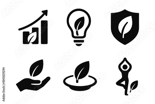 Eco-friendly growth and wellness icons: sustainability, nature, innovation, protection, and balance