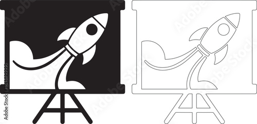 Black and white illustration of a rocket on an easel with a dotted line version