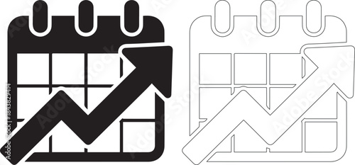 Black and white calendar icons with graph and rocket