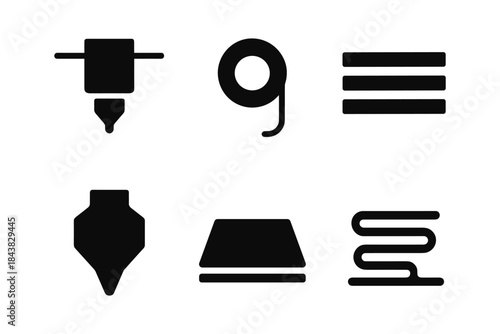 Minimalist 3d printer icons set: tools, filament, & components in black