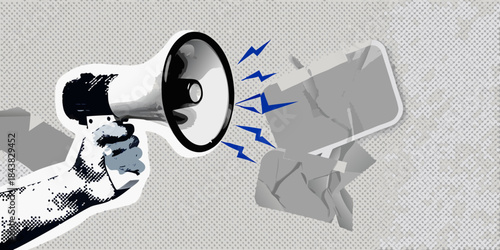 A hand holding a megaphone emitting sound waves towards a torn paper