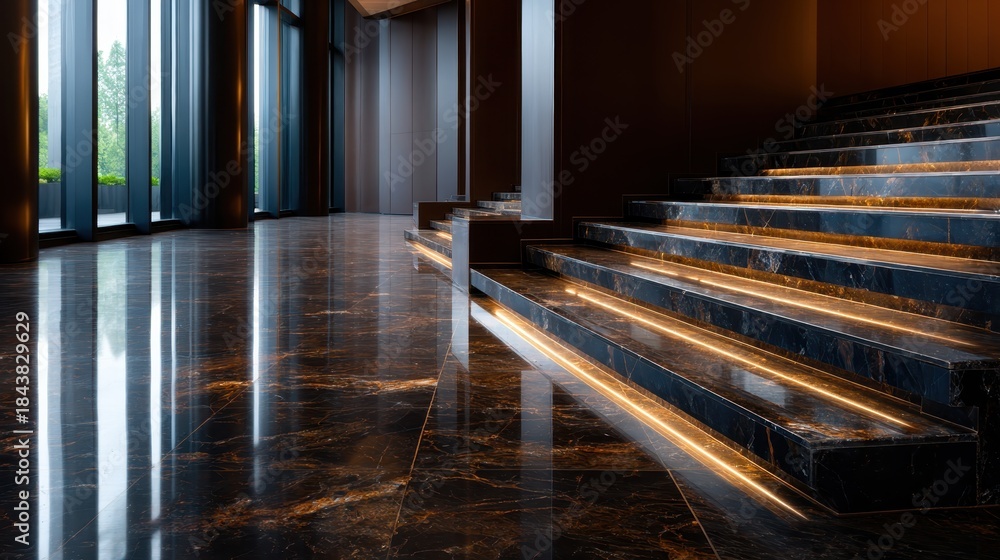 Obraz premium This image showcases an elegant modern interior space featuring luxurious marble stairs illuminated by soft lighting, creating a sophisticated ambiance.