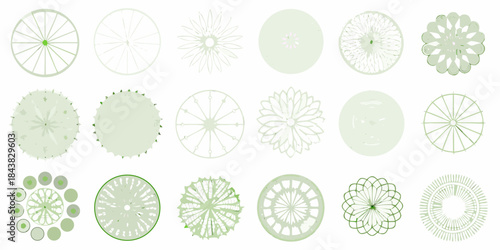 A collection of pale green circular designs with varied radial patterns