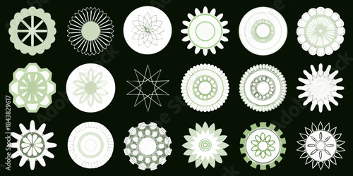 A collection of pale green circular floral and geometric designs on a dark background