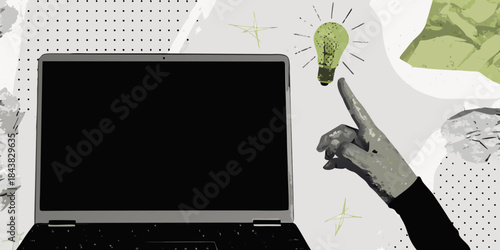 A hand pointing at a laptop screen with a glowing lightbulb above