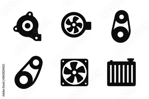Set of automotive component icons in black silhouette style