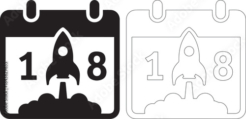 Black and white calendar icon with a rocket ship on the 18th