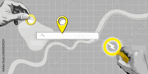 Hand placing a location pin on a map with search and time elements