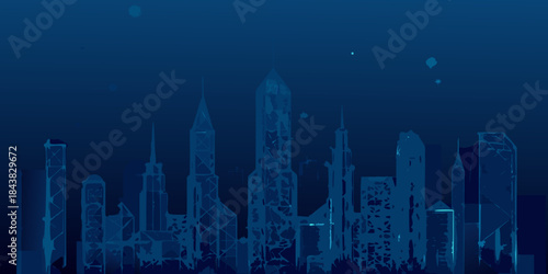 Abstract blue silhouette of a futuristic cityscape against a dark background