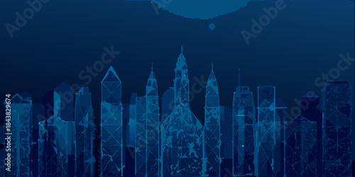A blue geometric skyline depicting a modern cityscape at night