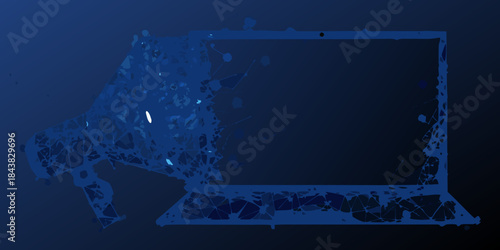 Abstract blue laptop shape with a fragmented glitching digital effect