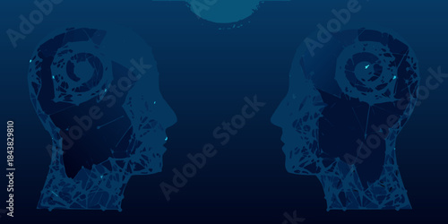 Two geometric human heads facing each other in a dark blue gradient