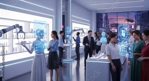 Women and robot in modern beauty store with robotic arms performing tasks. Future retail experience and artificial intelligence in cosmetic shop.