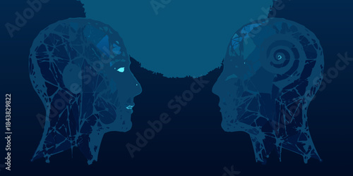 Abstract digital illustration of two human heads facing each other in blue tones