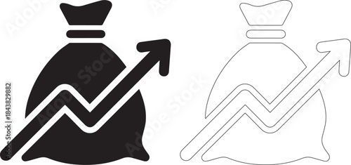 Black and white money bag icons with an arrow on a