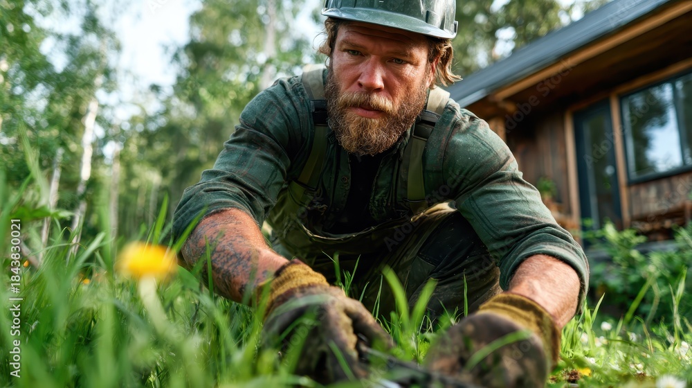 Fototapeta premium The image features a focused man carefully pruning grass in a verdant garden, illustrating dedication to gardening and the nurturing beauty of nature in a serene environment.