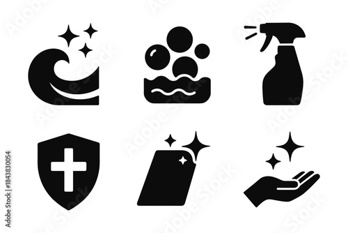 Cleanliness icons: wave, bubbles, spray, shield, shining surface, hand