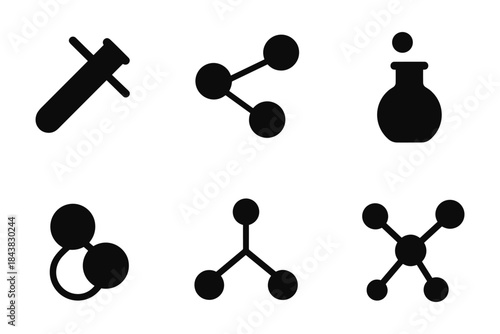 Medical and science icon set featuring molecules and lab equipment in black silhouette style