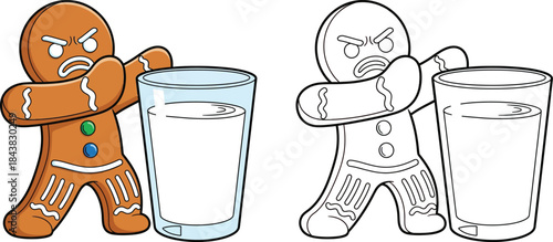 Angry Gingerbread Man Protecting a Glass of Milk Humorous Christmas Cartoon Vector Illustration