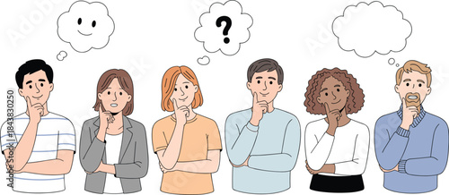 Diverse Group of People in a Thinking and Pondering Pose with Question Marks and Speech Bubbles, Ideal for Decision-Making, Idea Generation, or Problem-Solving Concepts.