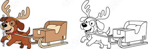  Happy Cartoon Dog with Reindeer Antlers Pulling a Christmas Sleigh with Gift Boxes Festive Vector Illustration