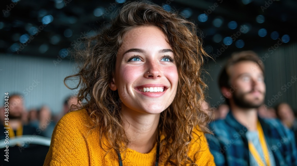 Fototapeta premium A vibrant young woman with curly hair is smiling joyfully while attending a conference, capturing the essence of excitement and inspiration in an engaging audience.