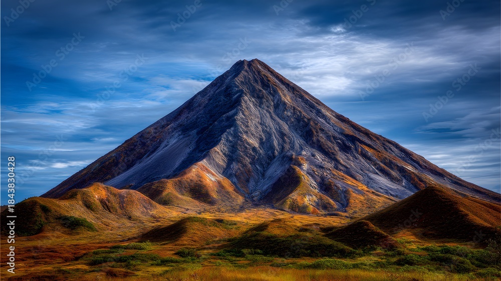 Obraz premium Majestic Volcanic Mountain Cone with a Perfect Snow Cap Against a Dramatic Blue Sky