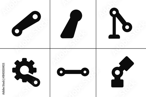 Industrial mechanism icons set featuring gears and robotic arms