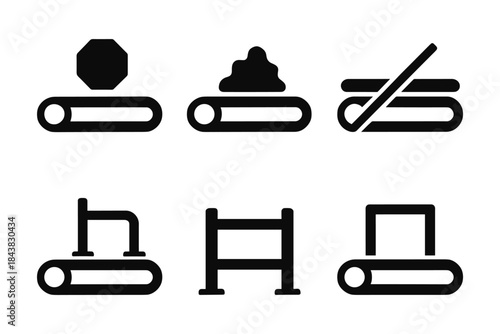 Industrial conveyor belt icons: manufacturing symbols for automation and processing systems