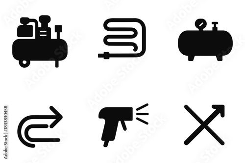 Industrial icons set featuring compressor, hose, and tools in black silhouette style