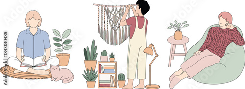 Minimalist Flat Vector Set of People Relaxing at Home, Reading, Doing Macrame Crafts, and Enjoying Indoor Hobbies for Wellness, Cozy Lifestyle, or Hobby Illustrations.