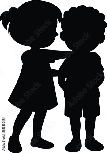 Silhouette of Two Young Children Hugging and Consoling, Showing Friendship, Empathy, and Childhood Love Black Vector Illustration for Family Bonds,