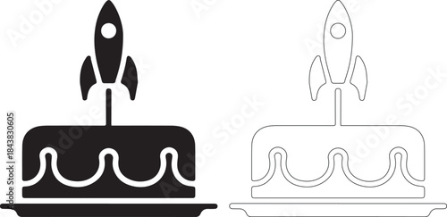Black and white illustration of rocket on rectangular cakes