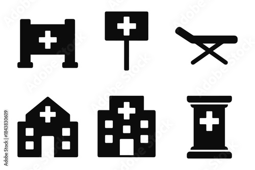 Healthcare symbols set: medical icons in black silhouette design