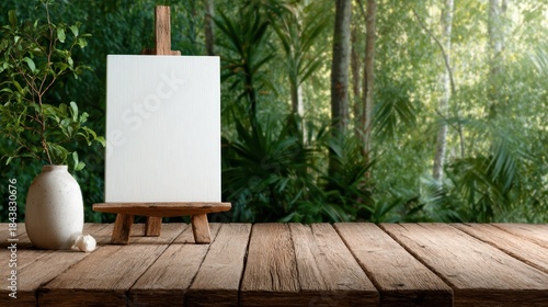 A pristine white canvas resting on a rustic wooden easel, set against a lush green backdrop, symbolizing creativity, artistic potential, and the beauty of nature around.
