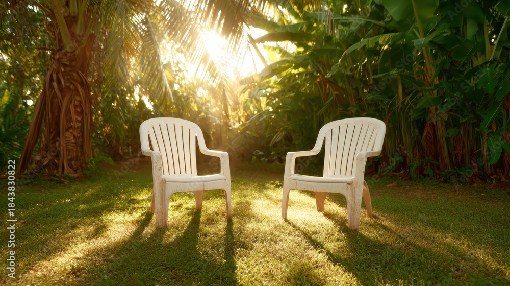 Fototapeta premium Two white plastic chairs bathed in sunlight sit peacefully in a lush green garden, inviting relaxation and contemplation in a serene natural environment.