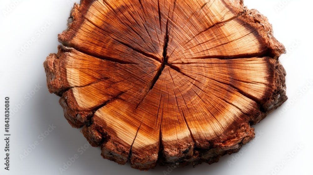 Fototapeta premium Detailed view of a cross-section of a tree log showcasing the intricate patterns and rich hues of the wood, symbolizing nature's beauty and resilience.