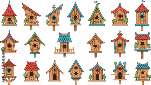 Large Collection of Outlined Cartoon Birdhouses with Bright Colors, Ideal for Stickers, Coloring Books, Children's Crafts, or Simple Nature and Garden Graphics.