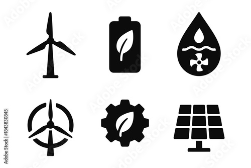 Eco energy icons set: wind turbine, solar panel, renewable technologies