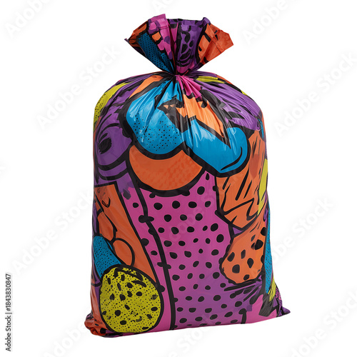 Colorful pop art style waste bag, filled and tied, featuring a vibrant abstract graphic pattern, isolated.
