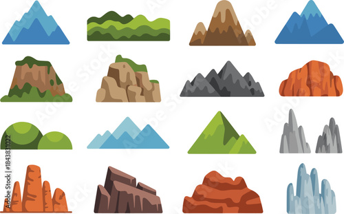 Large Colorful Vector Collection of Stylized Mountain Peaks, Rocky Hills, Cliffs, and Desert Buttes for Game Design, Maps, and Landscape Backgrounds.