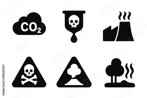 Industrial pollution and hazard symbols set: environmental safety icons