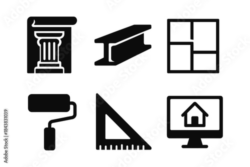 Architectural tools and symbols: icon set featuring modern design elements