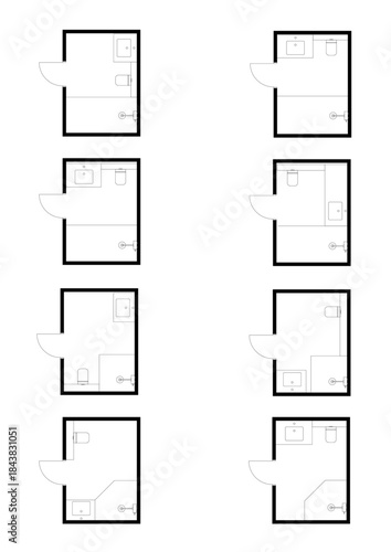 Collection og 8 small bathroom floor plans showing practical fixture arrangements for limited spaces. Clean vector layouts suitable for architectural drawings, interior design concepts, renovation.