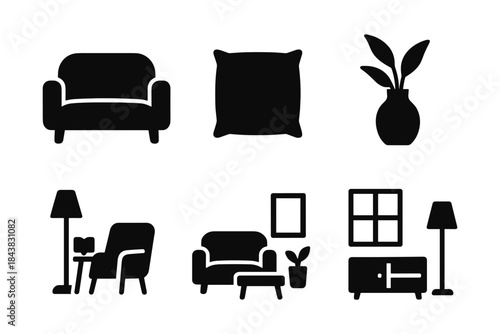 Home decor silhouettes: furniture and accessories icons for modern interiors