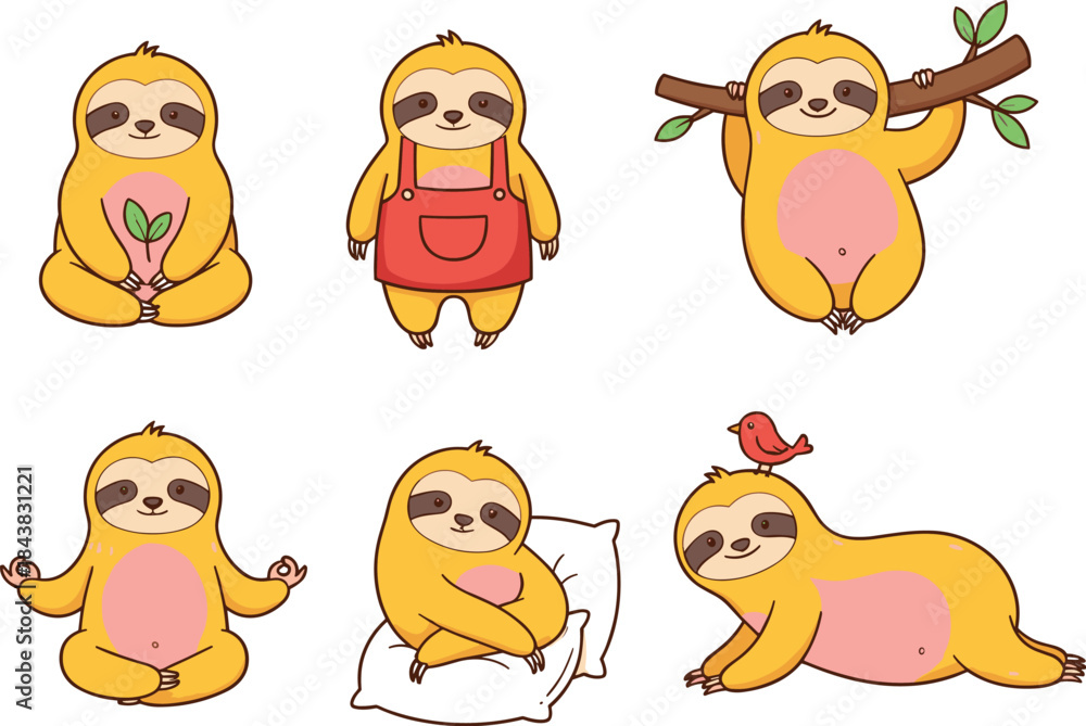 Obraz premium A Cute Vector Set of Yellow Sloth Characters in Relaxing Poses, Including Meditation, Resting on a Pillow, and Yoga, for Wellness and Mindfulness Designs.