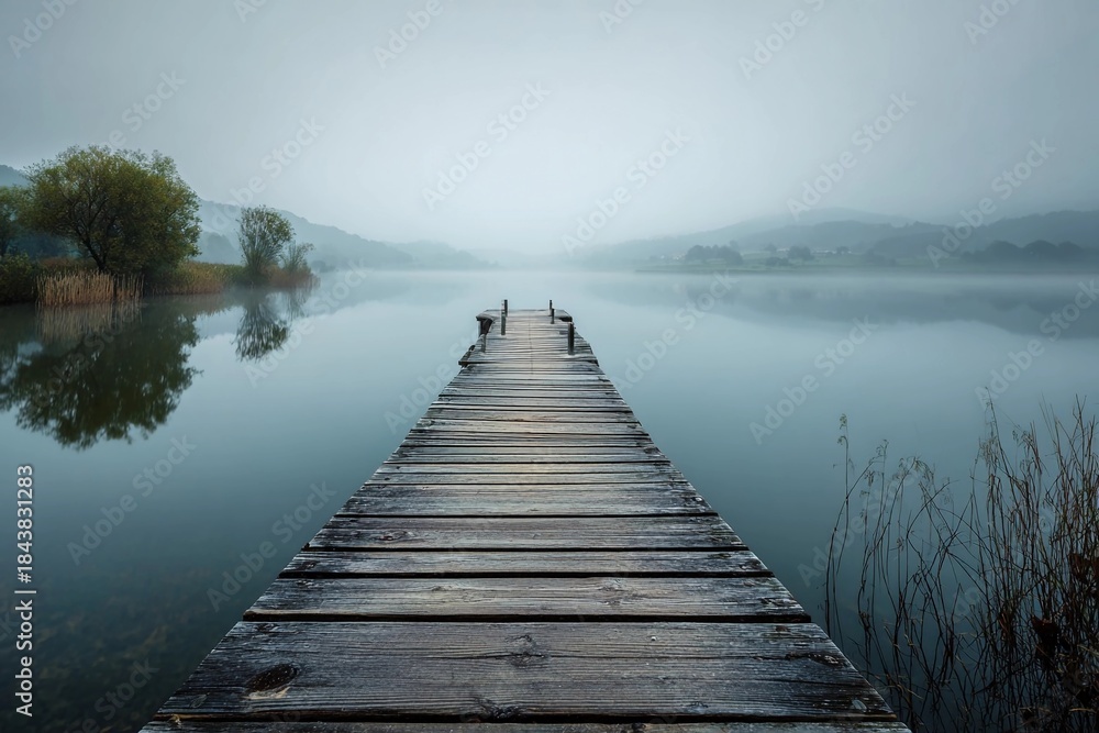 Fototapeta premium Fog covers a wooden dock at a lake in the early morning hours with trees along the shore