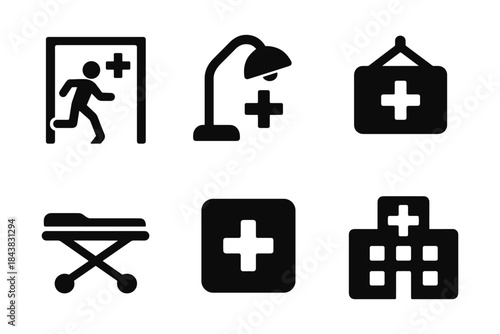 Healthcare icons set: emergency, hospital, medical symbols in black